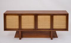 Modernist Slim Walnut Cabinet With Woven Cane Doors Italy 1960s - 3517875