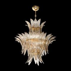 Modernist Three Tier Palma Hand Blown Smoked Murano Glass w Brass Chandelier - 3599923