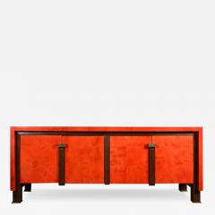 Modernist Vermillion Lacquered Goatskin Sideboard with Fluted Bronze Pulls - 3115545