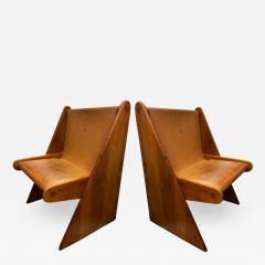 Modernist pure design pair of solid pine and leather pair of chairs - 1923710