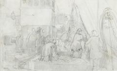Montague Dawson Montague Dawson pencil sketch on paper of Trawler Men sorting the catch - 4352218