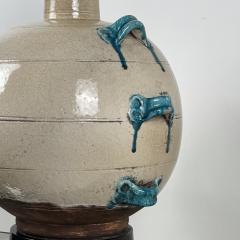 Monumental Cream and Turquoise Glazed Ceramic Lamp - 4147635