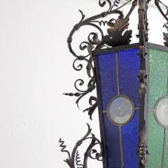 Monumental Italian Lantern in Wrought Iron and Stained Glass - 2979442