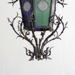 Monumental Italian Lantern in Wrought Iron and Stained Glass - 2979443