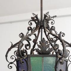 Monumental Italian Lantern in Wrought Iron and Stained Glass - 2979444