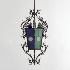 Monumental Italian Lantern in Wrought Iron and Stained Glass - 2979445