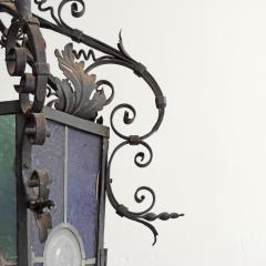 Monumental Italian Lantern in Wrought Iron and Stained Glass - 2979447