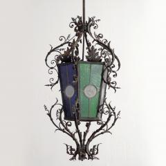 Monumental Italian Lantern in Wrought Iron and Stained Glass - 2979451