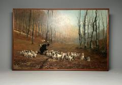 Monumental Oil Canvas Georges Henri Fauvel Hunting Dogs with Master 19th Cent - 3402797