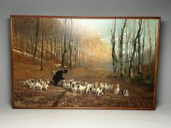 Monumental Oil Canvas Georges Henri Fauvel Hunting Dogs with Master 19th Cent - 3402798