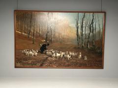Monumental Oil Canvas Georges Henri Fauvel Hunting Dogs with Master 19th Cent - 3402799