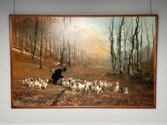 Monumental Oil Canvas Georges Henri Fauvel Hunting Dogs with Master 19th Cent - 3402800