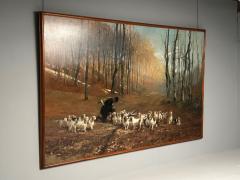 Monumental Oil Canvas Georges Henri Fauvel Hunting Dogs with Master 19th Cent - 3402801