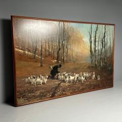 Monumental Oil Canvas Georges Henri Fauvel Hunting Dogs with Master 19th Cent - 3402802