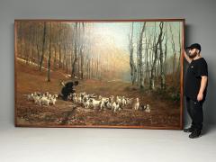 Monumental Oil Canvas Georges Henri Fauvel Hunting Dogs with Master 19th Cent - 3402803