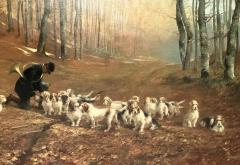 Monumental Oil Canvas Georges Henri Fauvel Hunting Dogs with Master 19th Cent - 3402804