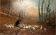 Monumental Oil Canvas Georges Henri Fauvel Hunting Dogs with Master 19th Cent - 3402928