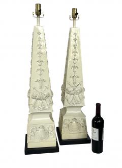 Monumental Pair of Italian 1950s Neoclassical Style Obelisk form Ceramic Lamps - 4521567