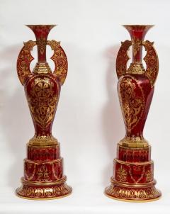 Monumental Pair of Ruby Red Gilt Bohemian Alhambra Cut Glass Vases on Stands - 1150935