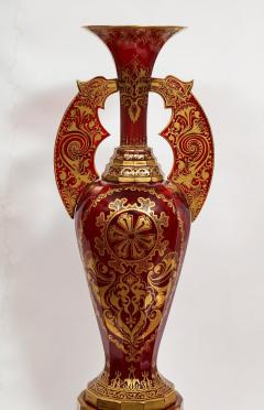 Monumental Pair of Ruby Red Gilt Bohemian Alhambra Cut Glass Vases on Stands - 1150936