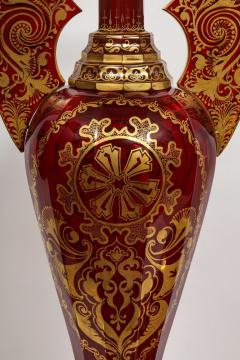 Monumental Pair of Ruby Red Gilt Bohemian Alhambra Cut Glass Vases on Stands - 1150938