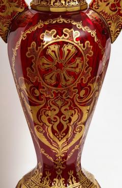 Monumental Pair of Ruby Red Gilt Bohemian Alhambra Cut Glass Vases on Stands - 1150940