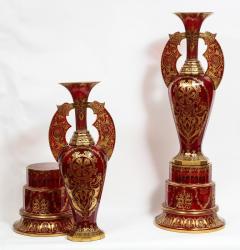 Monumental Pair of Ruby Red Gilt Bohemian Alhambra Cut Glass Vases on Stands - 1150942