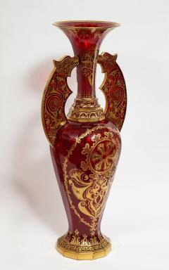 Monumental Pair of Ruby Red Gilt Bohemian Alhambra Cut Glass Vases on Stands - 1150945