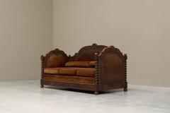 Monumental Sofa in Patinated Brown Leather Studs and Velvet Late 19th Century - 4582604