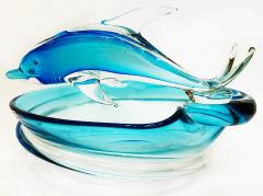 Monumental Vintage Blown Murano Glass Bowl with Dolphin Riding the Blue Waves - 4336878