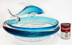 Monumental Vintage Blown Murano Glass Bowl with Dolphin Riding the Blue Waves - 4336896