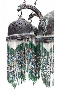 Moorish Style Patinated Brass and Green Glass Bead Chandelier - 4655580