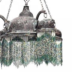 Moorish Style Patinated Brass and Green Glass Bead Chandelier - 4655581