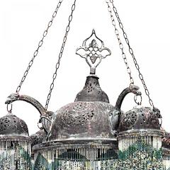 Moorish Style Patinated Brass and Green Glass Bead Chandelier - 4655582