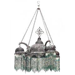 Moorish Style Patinated Brass and Green Glass Bead Chandelier - 4708510