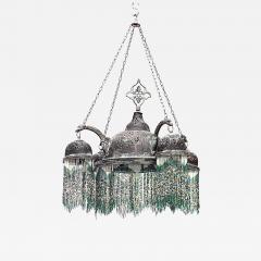 Moorish Style Patinated Brass and Green Glass Bead Chandelier - 4708558