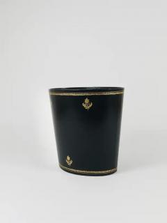 Morabito Paris Black Gold Leather Wastepaper Basket Bin France 1970s - 4067655