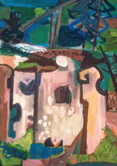 Morris M Shulman Framed 1940s Abstract Landscape Painting by Morris Shulman - 4749442