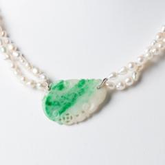 Moss In Snow Jade Leaf on a Baroque Freshwater Pearl Necklace 1800s  - 3300398