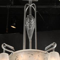 Muller Fr res Art Deco 4 Arm Frosted Glass Silvered Bronze Chandelier Signed Muller Fr res - 3898943