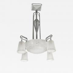 Muller Fr res Art Deco 4 Arm Frosted Glass Silvered Bronze Chandelier Signed Muller Fr res - 3907687