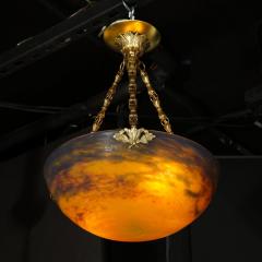 Muller Fr res Art Deco Antiqued Brass and Hand Blown Mottled Glass Chandelier by Muller Fr res - 1950036