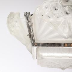 Muller Fr res Art Deco Cubist Frosted Glass Silvered Bronze Chandelier signed Muller Freres - 4566451