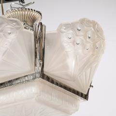 Muller Fr res Art Deco Cubist Frosted Glass Silvered Bronze Chandelier signed Muller Freres - 4566457