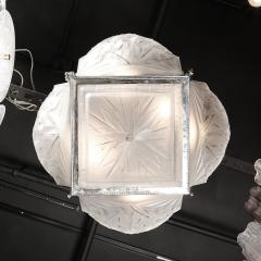 Muller Fr res Art Deco Cubist Frosted Glass Silvered Bronze Chandelier signed Muller Freres - 4566461