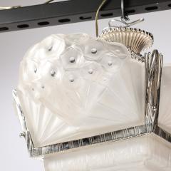 Muller Fr res Art Deco Cubist Frosted Glass Silvered Bronze Chandelier signed Muller Freres - 4566468