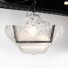 Muller Fr res Art Deco Cubist Frosted Glass Silvered Bronze Chandelier signed Muller Freres - 4566497