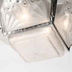 Muller Fr res Art Deco Cubist Frosted Glass Silvered Bronze Chandelier signed Muller Freres - 4566527