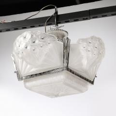 Muller Fr res Art Deco Cubist Frosted Glass Silvered Bronze Chandelier signed Muller Freres - 4566539