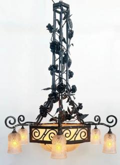 Muller Fr res French Art Deco Wrought Iron Glass Chandelier Muller Freres Attributed c1930 - 3918806